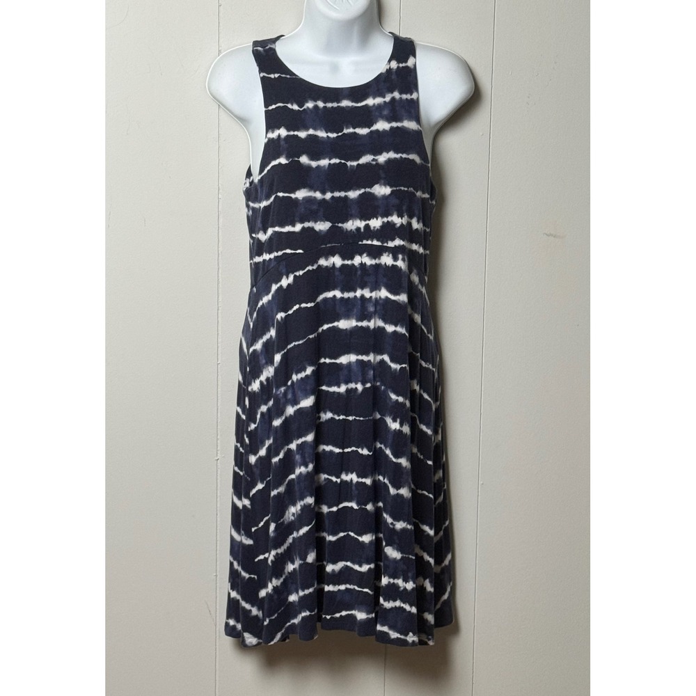 Athleta Women Navy Blue White Tie Dye Stripe Sleeveless Racerback Dress Sz Small